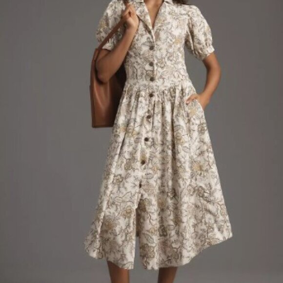 Pilcro Cream and Brown A-Line Maxi Dress with Puff Sleeves - Picture 2 of 9